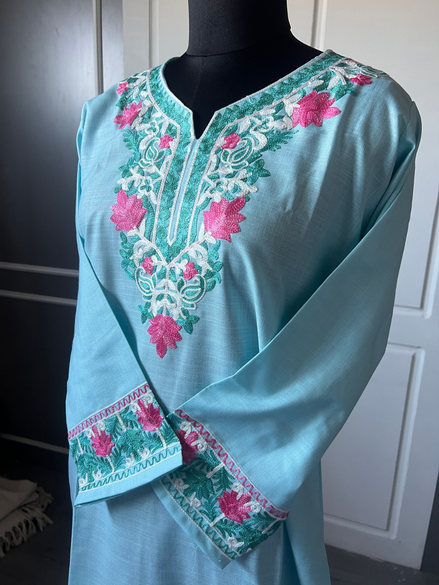 Kashmir Aari cotton Co-Ord Set | Light Turquoise