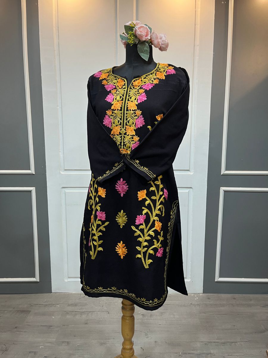Kashmiri Aari Embroidered Phiran Kurtis – Black