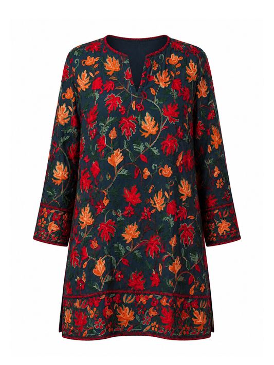 Noor : chinar embroidery summer kurti | Charcoal Black Georgette