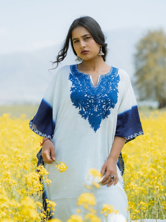 Kohsar White Cotton Kaftan with Indigo Valley Aari Embroidery - KaarKash