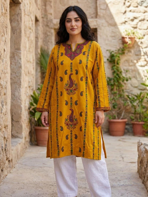 Kashmiri Soni Embroidered Phiran | Mustard