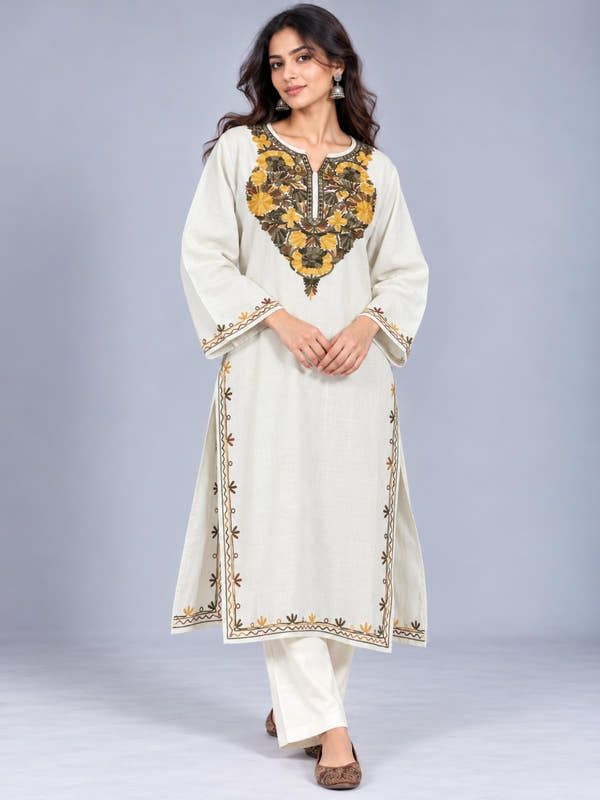 White Kashmiri Pheran with Mustard & Olive Floral Embroidery – KAARKASH
