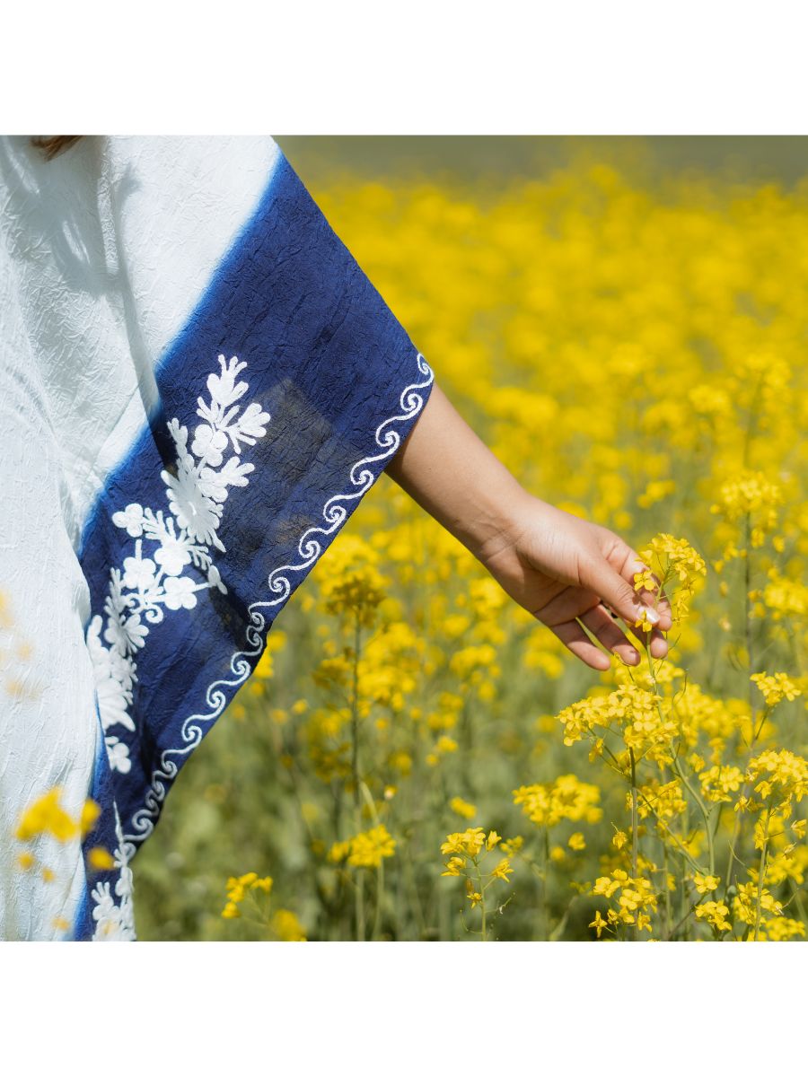 Kohsar White Cotton Kaftan with Indigo Valley Aari Embroidery