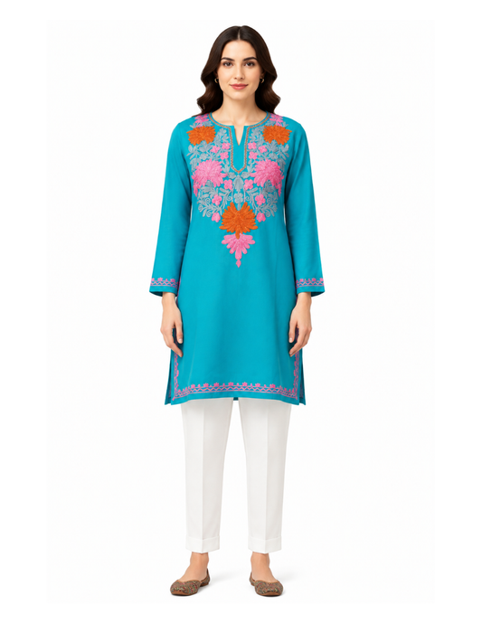 Noor : Aari embroidery summer kurti | Turquoise