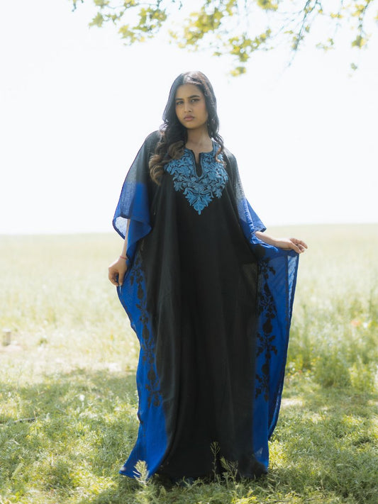 Midnight Sky Cotton Kaftan with Sapphire Blue Aari Embroidery - KaarKash