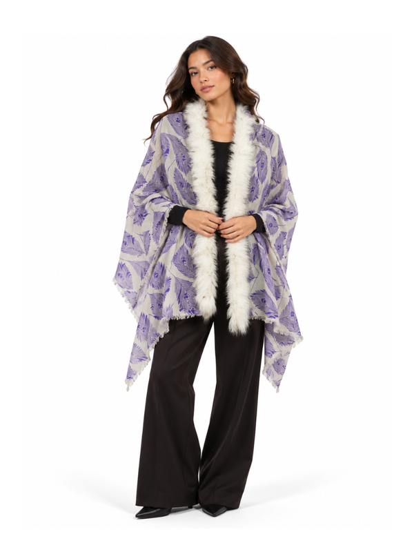 Violet Peacock Feather Print Shawl with Ivory Faux-Fur Trim