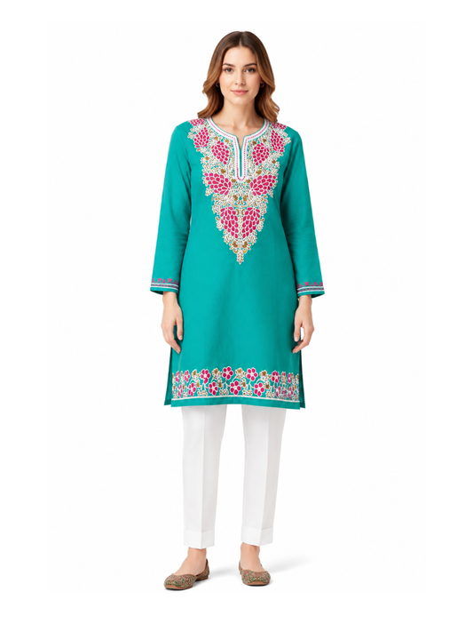 Noor : Aari embroidery summer kurti | Ocean Teal