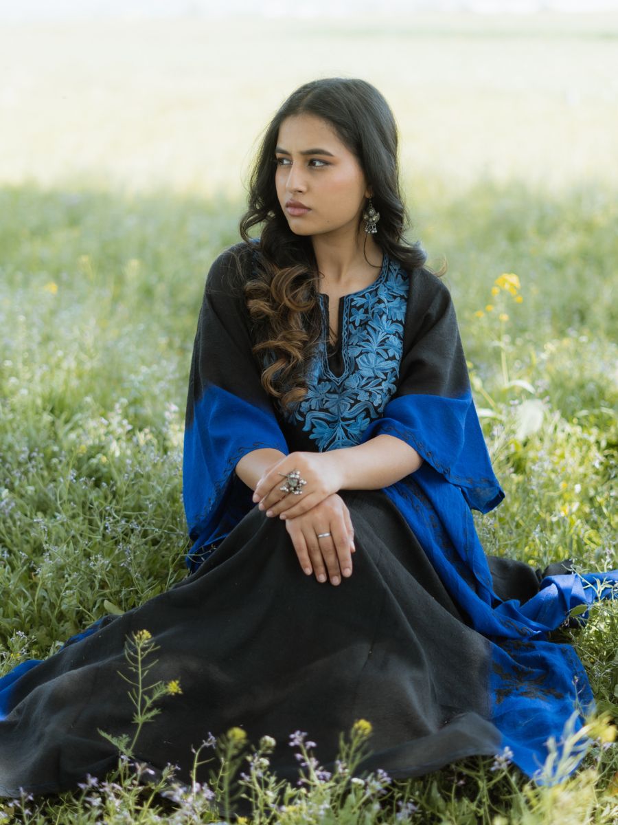 Midnight Sky Cotton Kaftan with Sapphire Blue Aari Embroidery