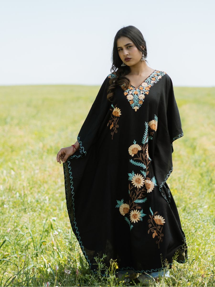 Harvest Night Cotton Kaftan with Sunlit Marigold Aari Embroidery - KaarKash