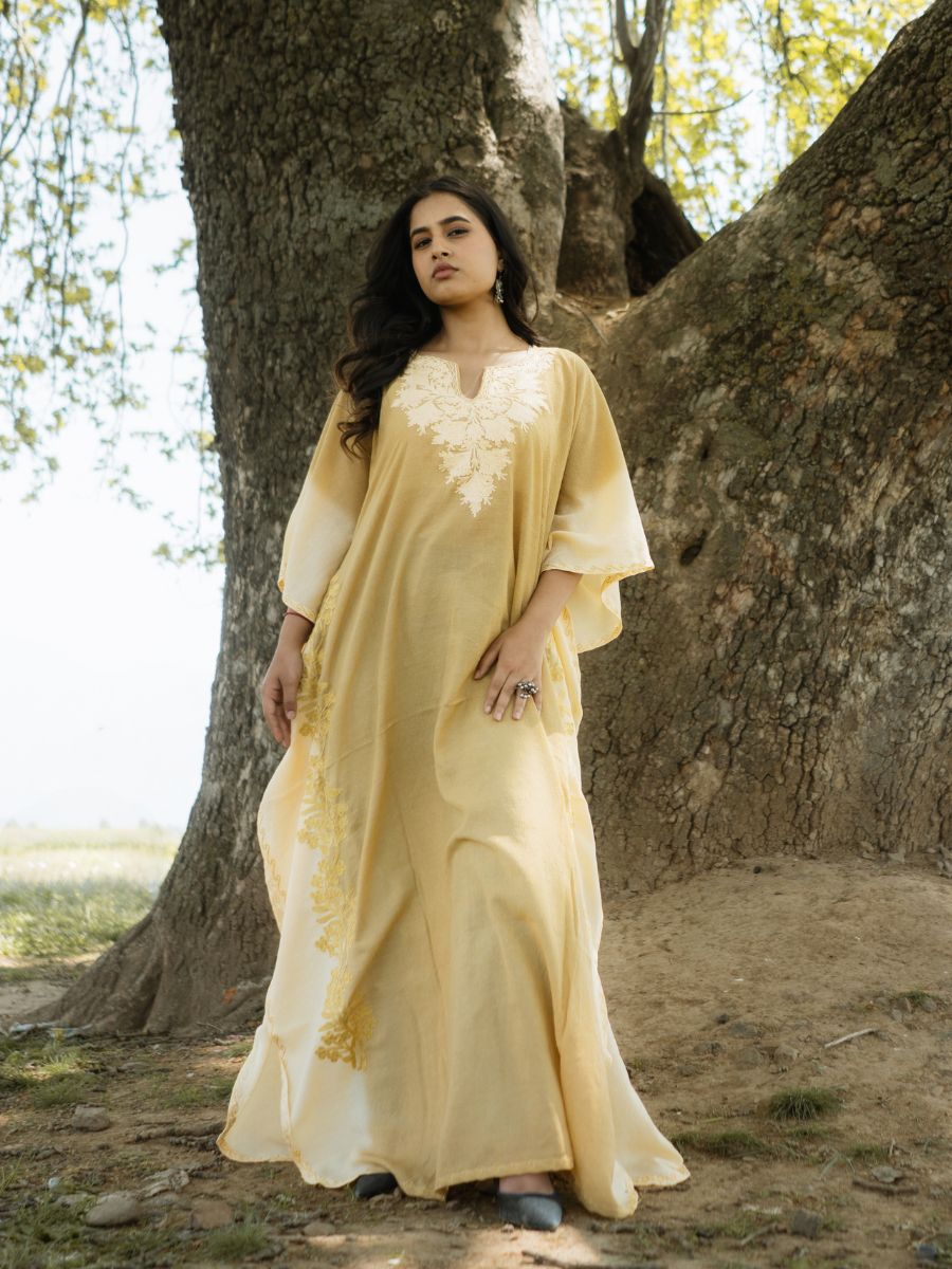 Sunbeam Gold Cotton Kaftan with Ivory Aari Embroidery - KaarKash