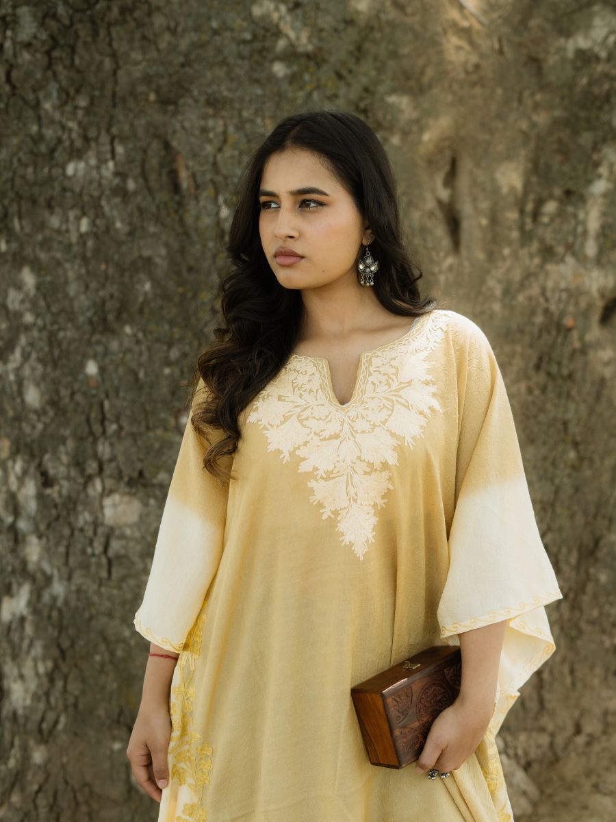 Sunbeam Gold Cotton Kaftan with Ivory Aari Embroidery - KaarKash