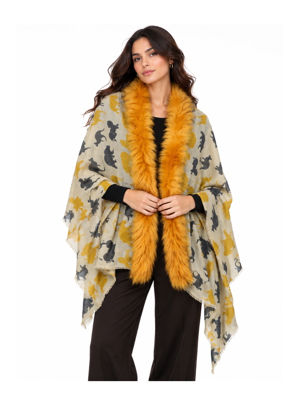 Wild Aura Printed Wrap with Golden Fur Trim