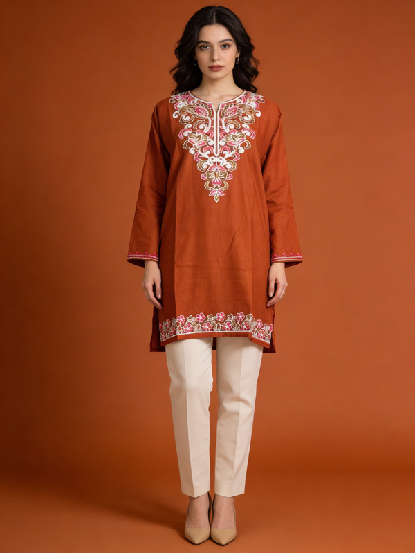 Noor : Aari embroidery summer kurti | Brown