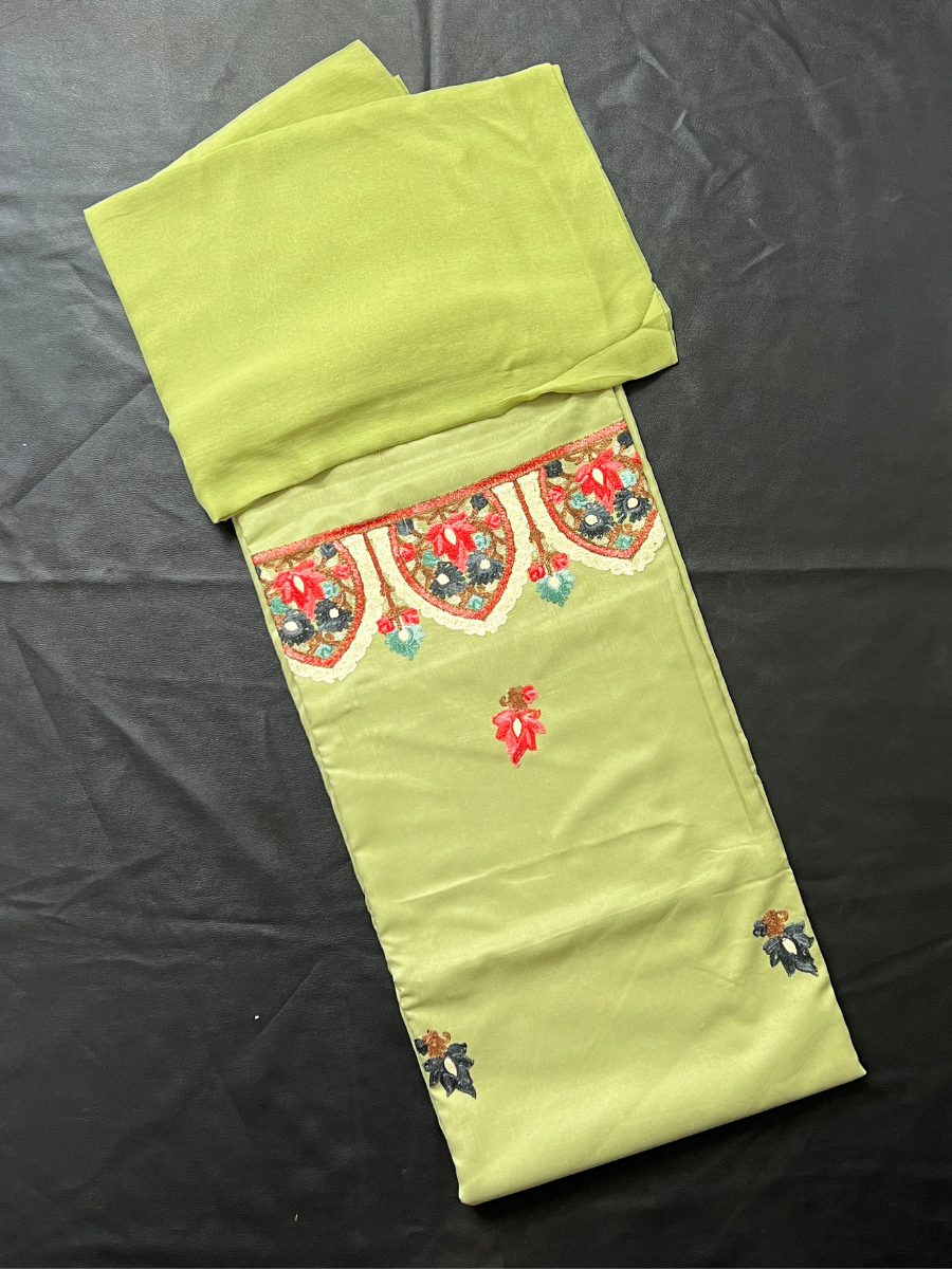 Kashmiri Botti Aari 3 Piece Unstitched Suit | Olive Green