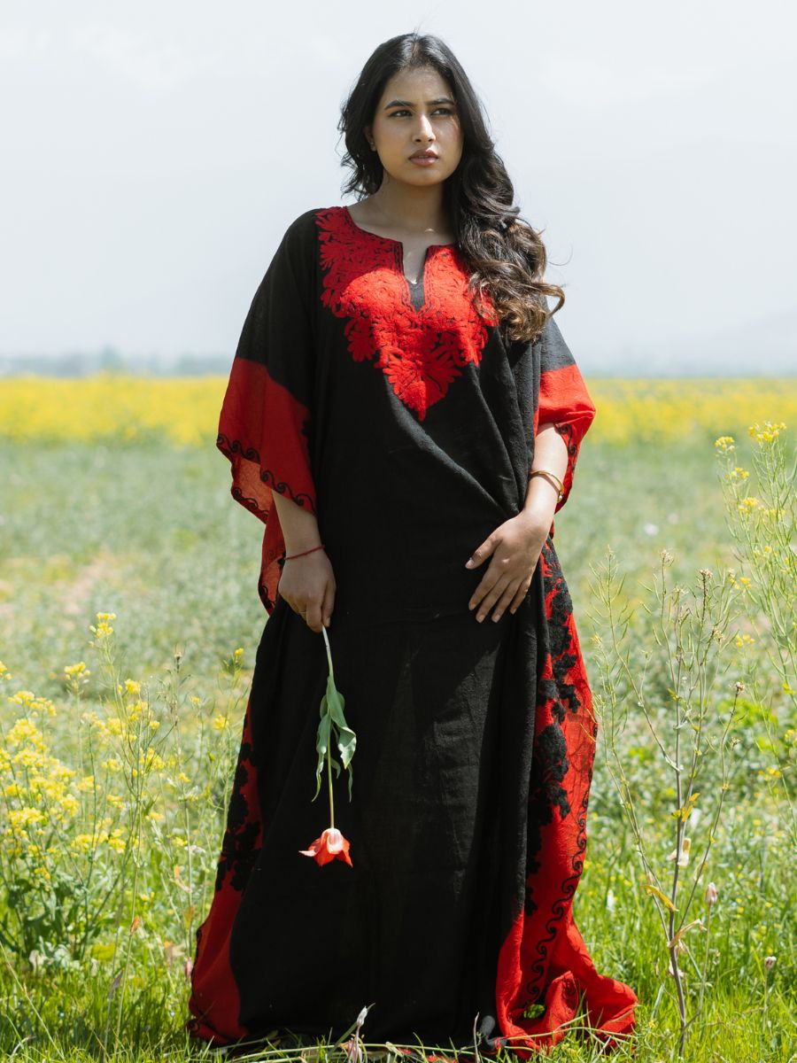 Midnight Noir Cotton Kaftan with Scarlet Flame Aari Embroidery