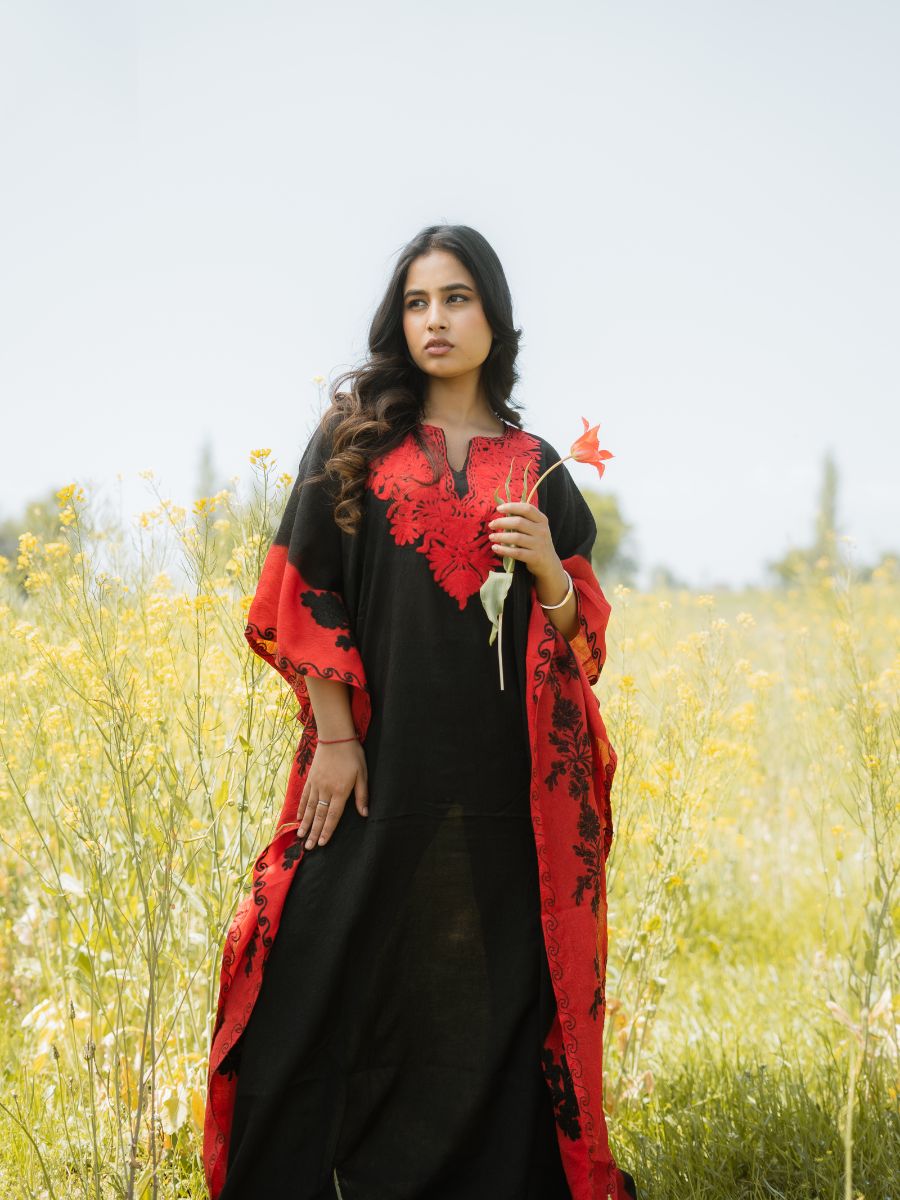 Midnight Noir Cotton Kaftan with Scarlet Flame Aari Embroidery