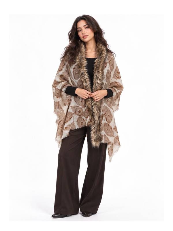 Autumn Plume Shawl with Faux-Fur Border