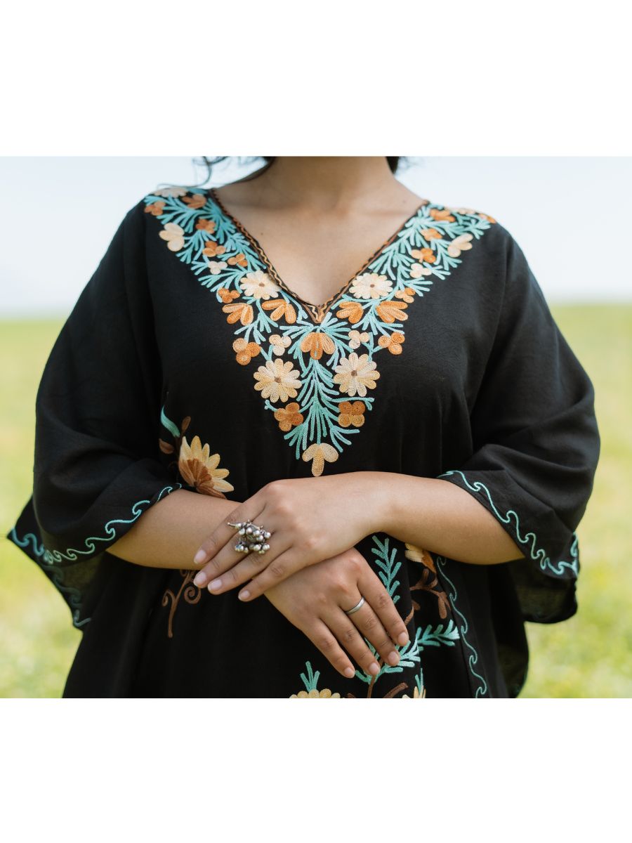 Harvest Night Cotton Kaftan with Sunlit Marigold Aari Embroidery - KaarKash