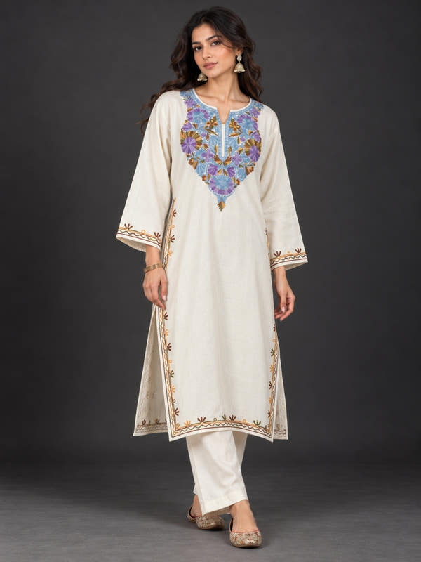 White Kashmiri Pheran with Purple & Sky Blue Floral Embroidery – KAARKASH