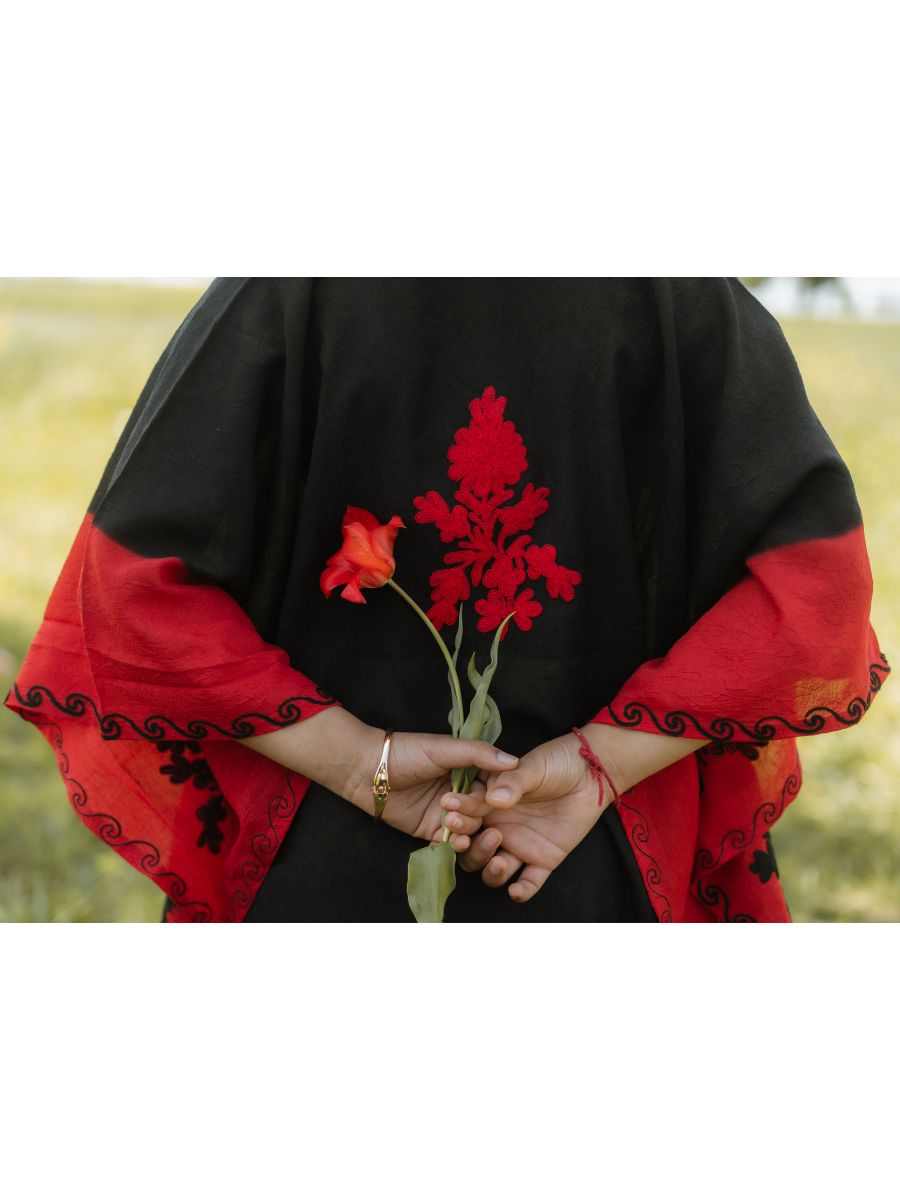 Midnight Noir Cotton Kaftan with Scarlet Flame Aari Embroidery