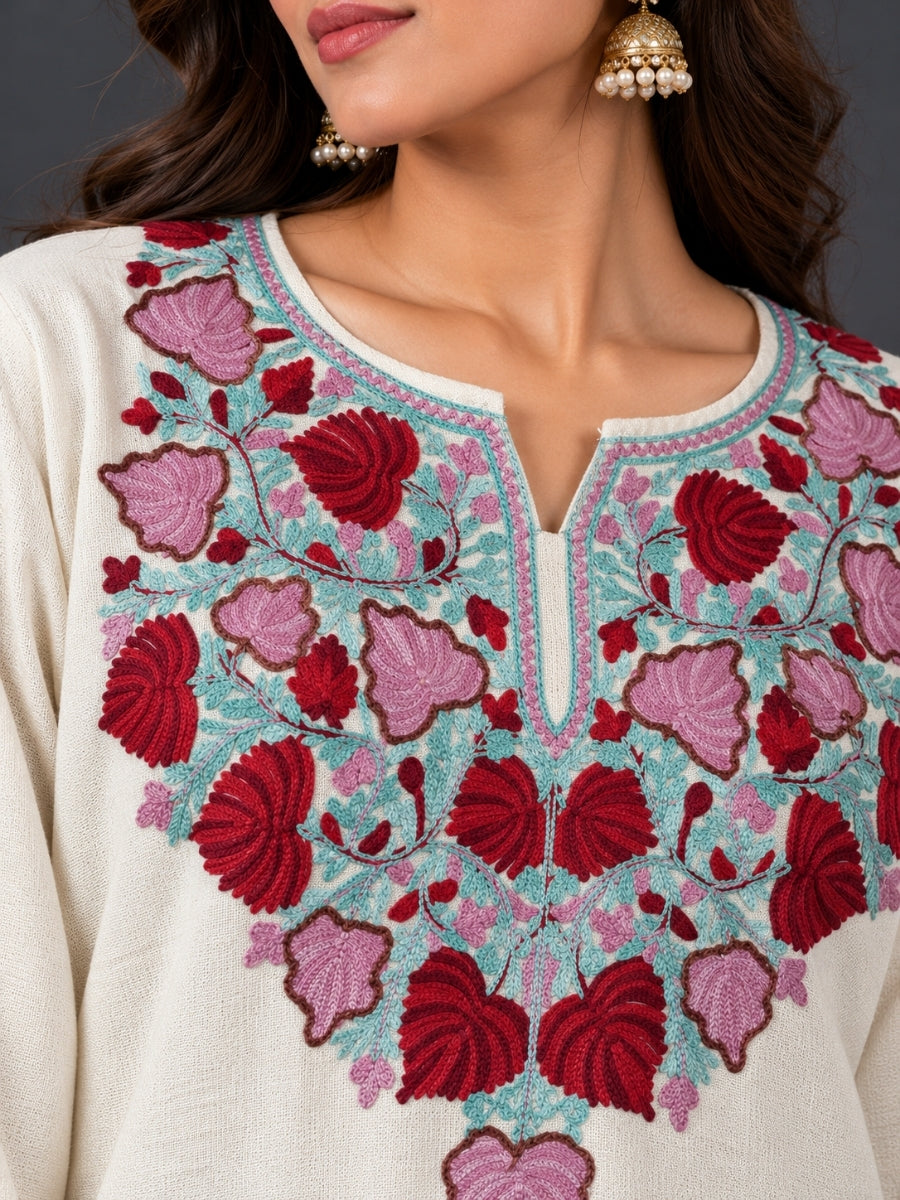 White Kashmiri Pheran with Floral Embroidery | Aari Embroidered Wool Phiran