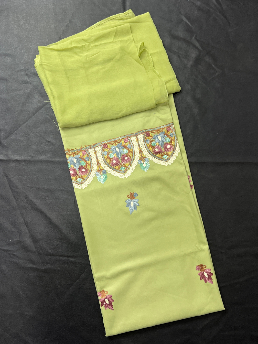 Kashmiri Botti Aari 3 Piece Unstitched Suit | Olive Green