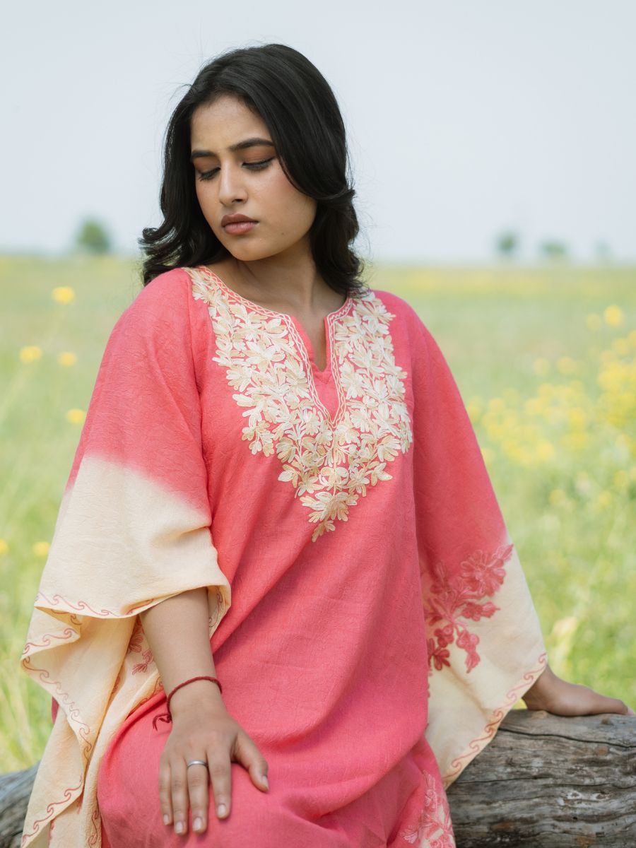 Coral Sunset Cotton Kaftan with Vanilla Cream Aari Embroidery - KaarKash