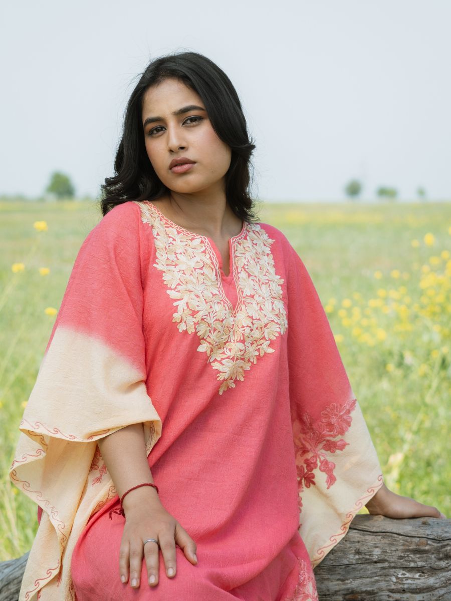 Coral Sunset Cotton Kaftan with Vanilla Cream Aari Embroidery - KaarKash