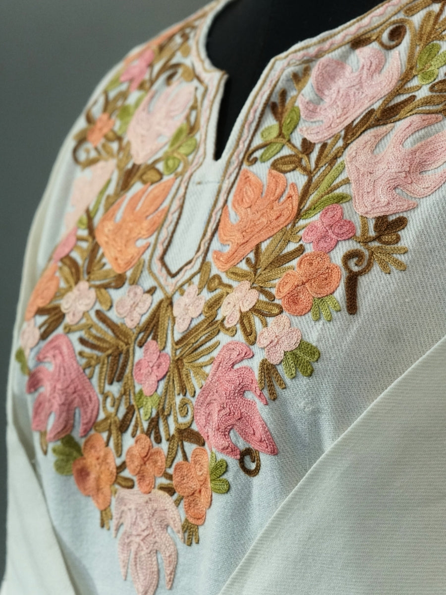 White Kashmiri Pheran with Mustard & Gold Floral Embroidery | Manual Aari Embroidered Wool Phiran