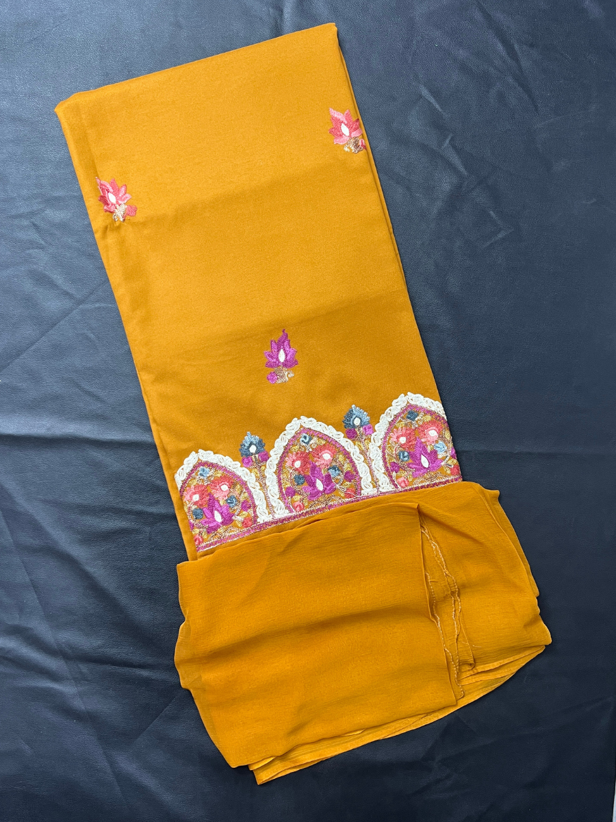 Kashmiri Botti Aari 3 Piece Unstitched Suit | Mustard Yellow