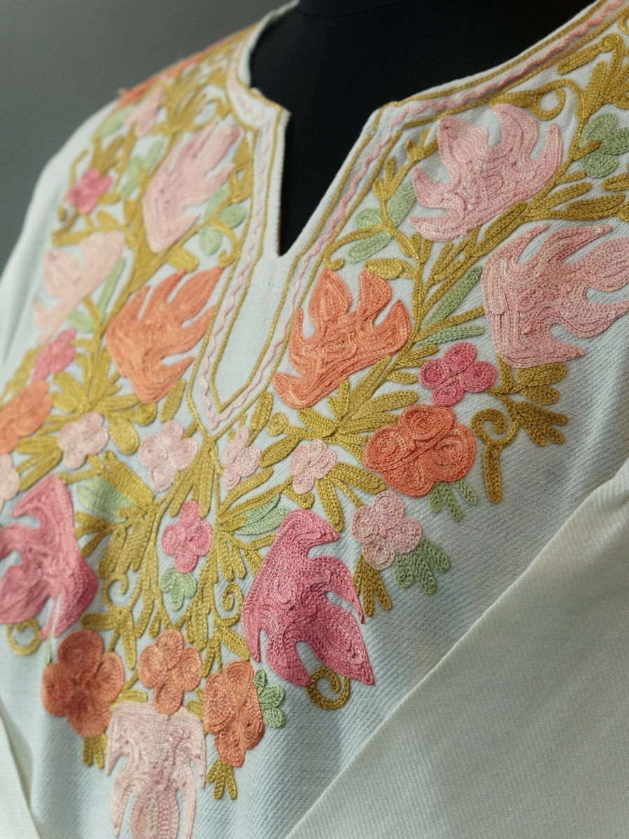 White Kashmiri Pheran with Mustard & Gold Floral Embroidery | Manual Aari Embroidered Wool Phiran