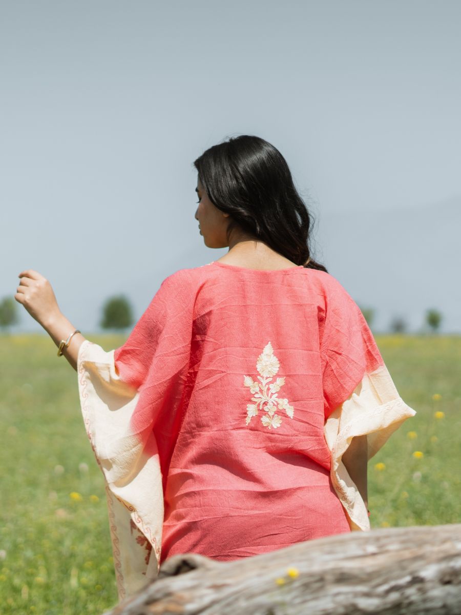 Coral Sunset Cotton Kaftan with Vanilla Cream Aari Embroidery - KaarKash