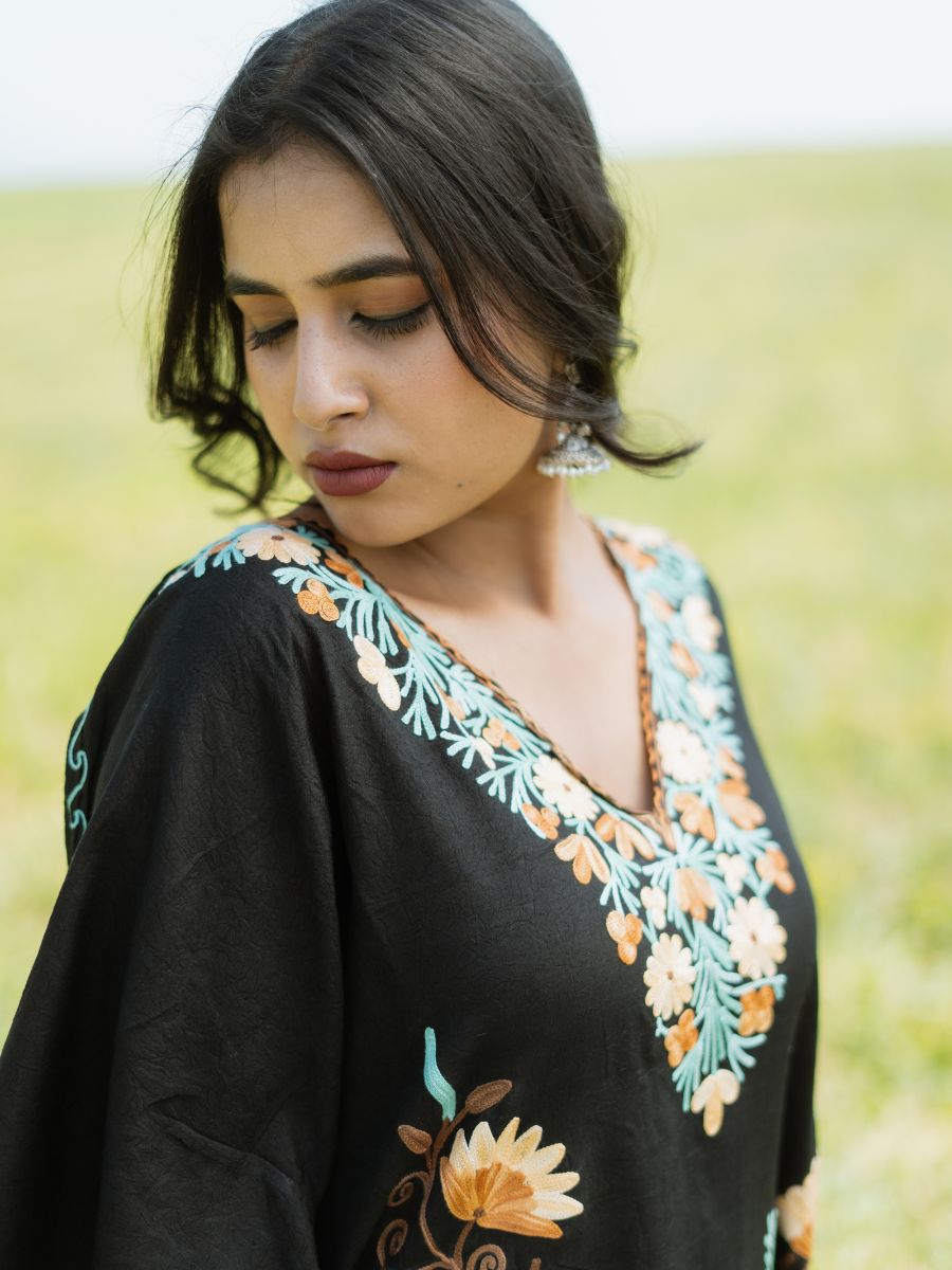 Harvest Night Cotton Kaftan with Sunlit Marigold Aari Embroidery - KaarKash