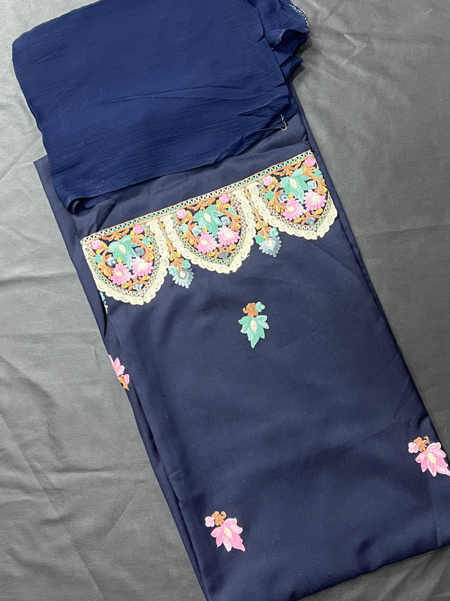 Kashmiri Botti Aari 3 Piece Unstitched Suit | Indigo Blue