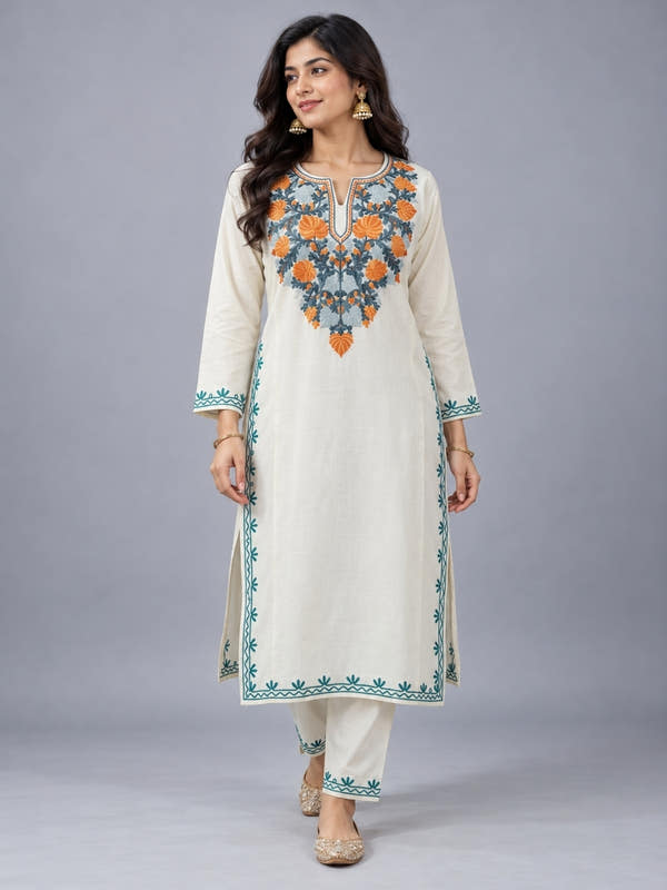 White Kashmiri Pheran with Orange & Grey Blue Floral Embroidery – KAARKASH
