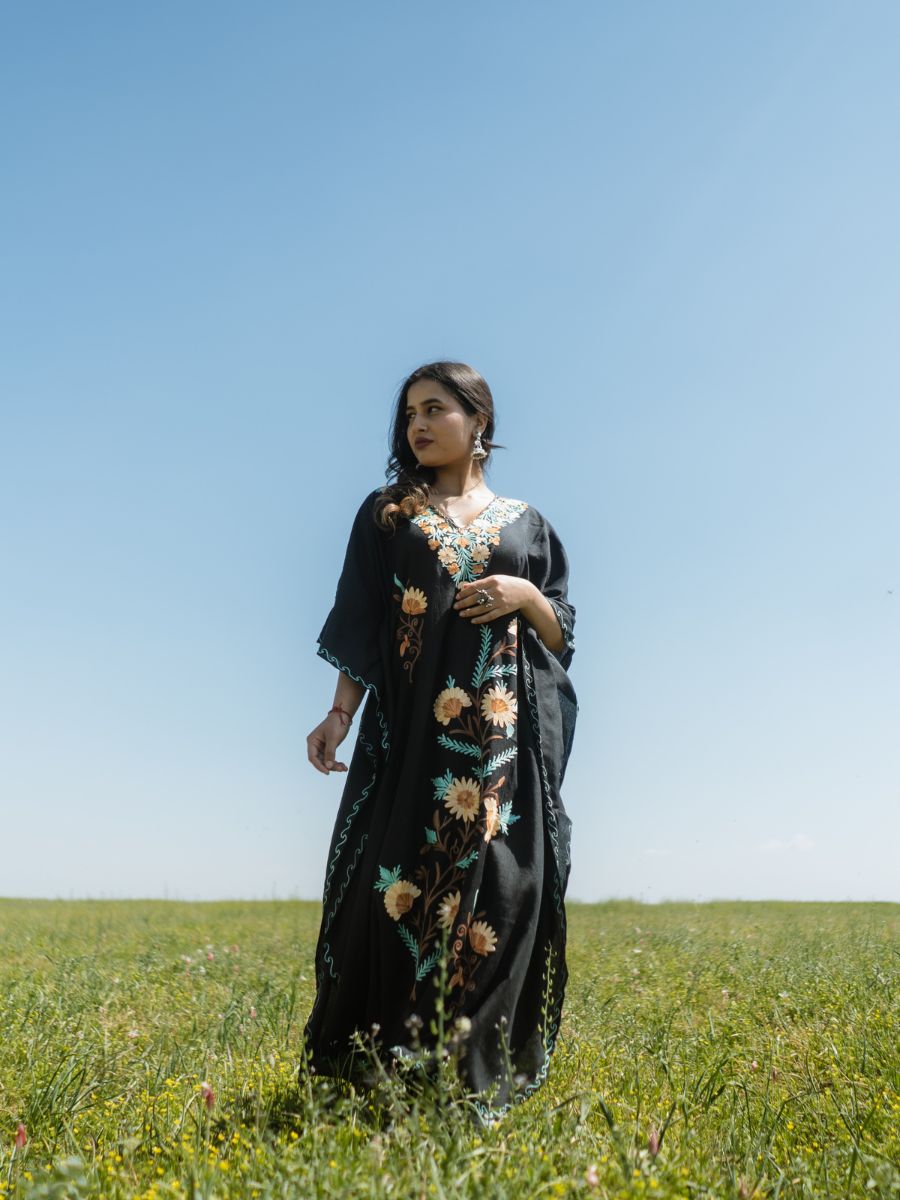Harvest Night Cotton Kaftan with Sunlit Marigold Aari Embroidery - KaarKash