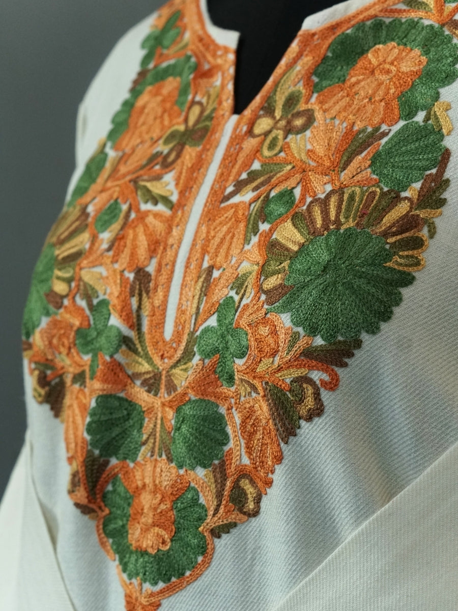 White Kashmiri Pheran with Floral Embroidery | Aari Embroidered Wool Phiran