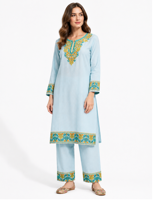 Noor : Kashmiri Aari embroidery summer Co-Ord Set | Aqua