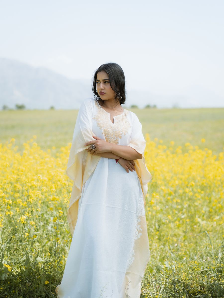 Morning Haze Cotton Kaftan with Almond Cream Aari Embroidery - KaarKash