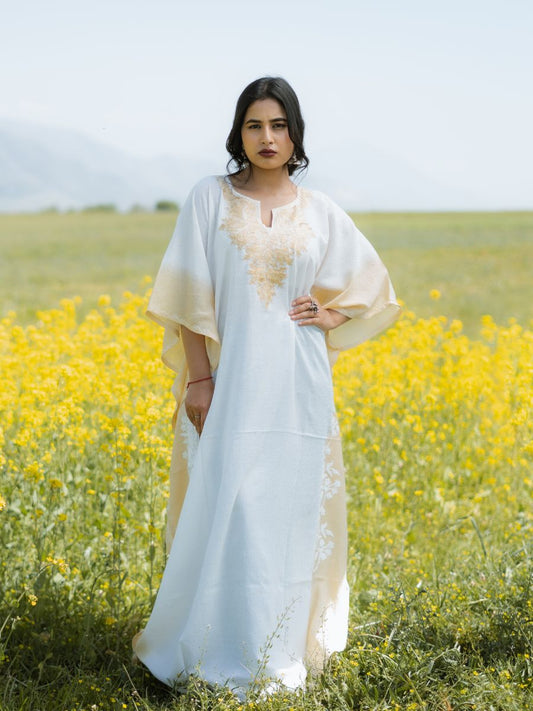 Morning Haze Cotton Kaftan with Almond Cream Aari Embroidery - KaarKash