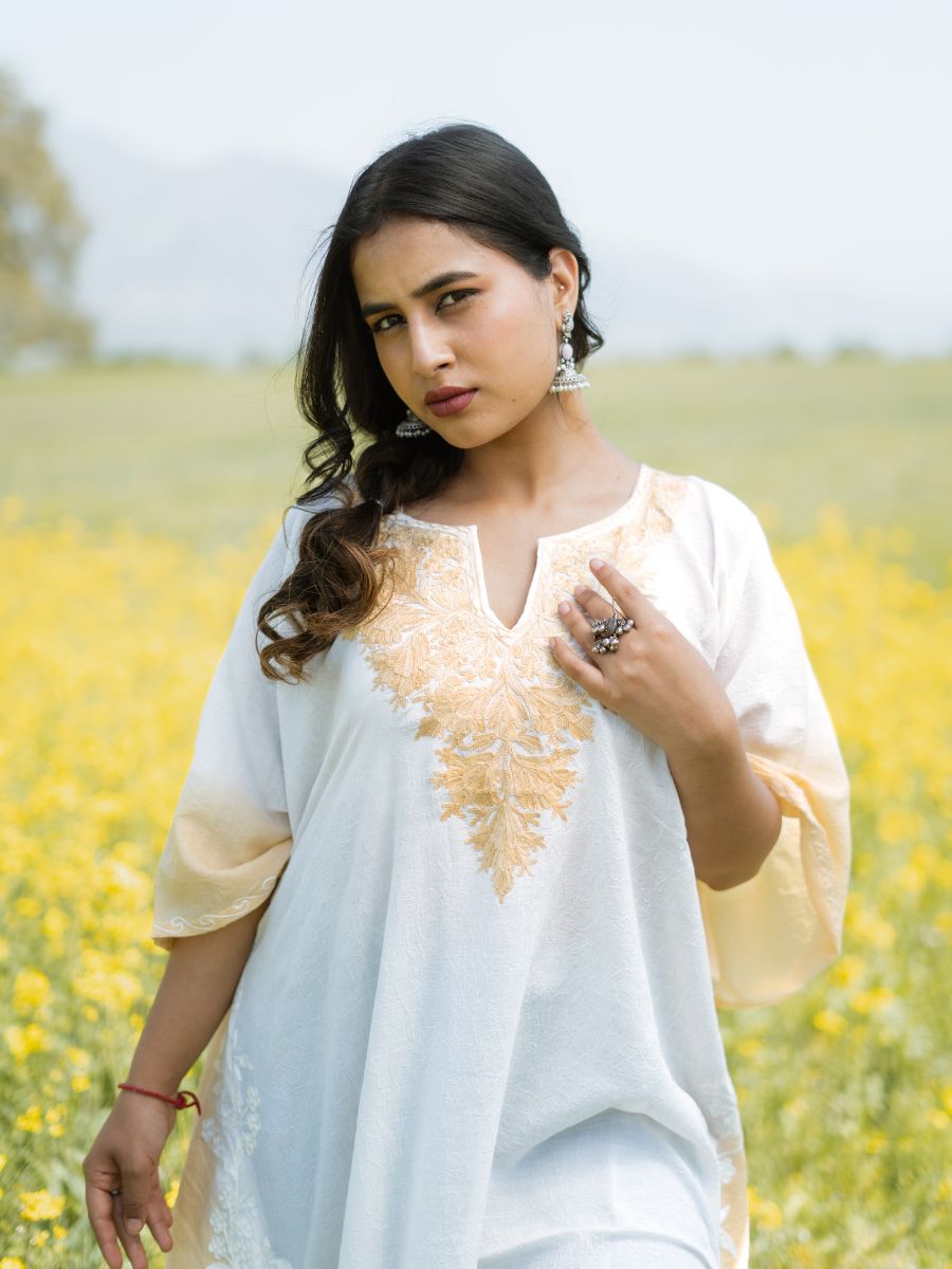 Morning Haze Cotton Kaftan with Almond Cream Aari Embroidery - KaarKash