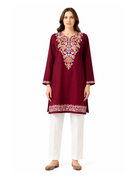 Noor : Aari embroidery summer kurti | Dark Red