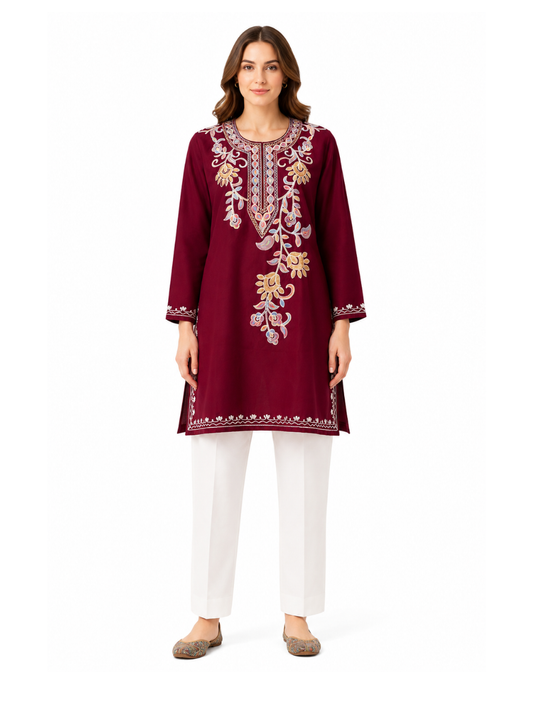 Noor : Aari embroidery summer kurti | Dark Red