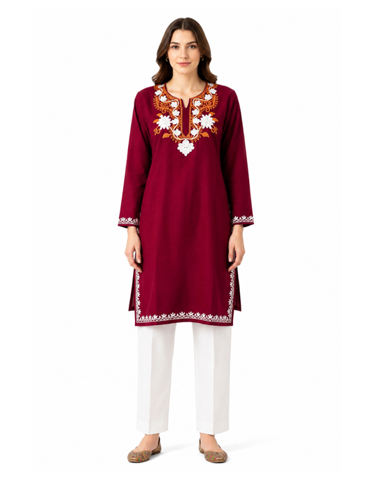 Noor : Aari embroidery summer kurti | Dark Red