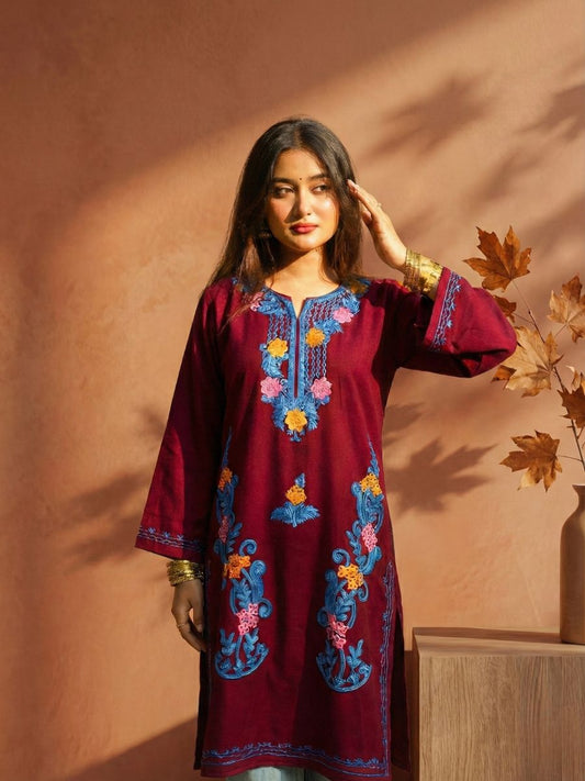 Kashmiri Aari Embroidered Phiran Kurtis – Wine Red