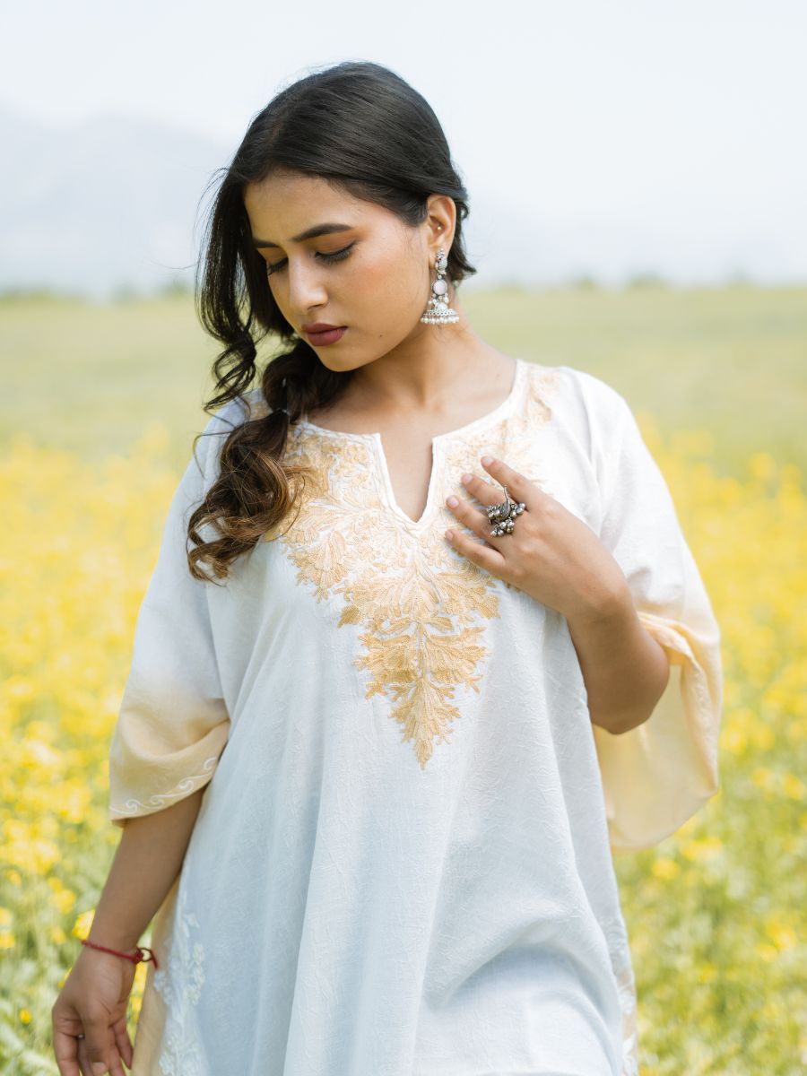 Morning Haze Cotton Kaftan with Almond Cream Aari Embroidery - KaarKash