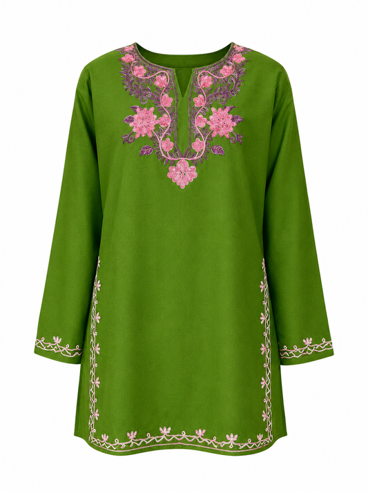 Noor : Aari embroidery summer kurti | Bottle Green