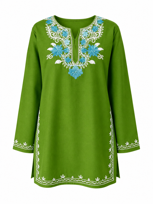 Noor : Aari embroidery summer kurti | Bottle Green