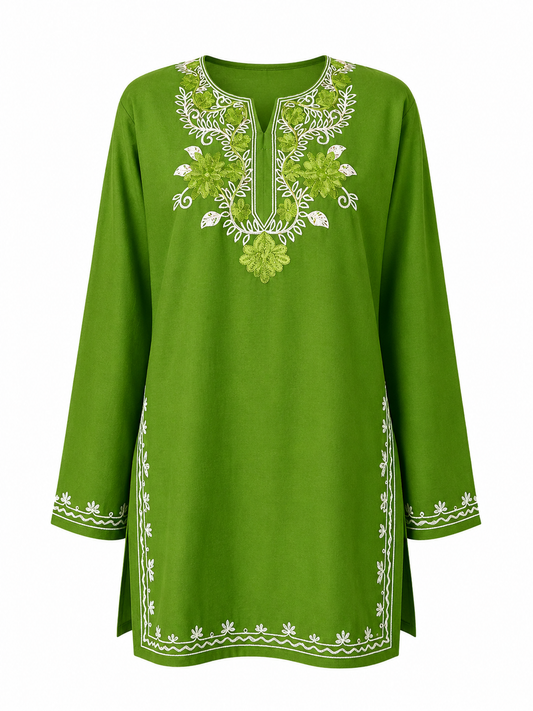 Noor : Aari embroidery summer kurti | Bottle Green