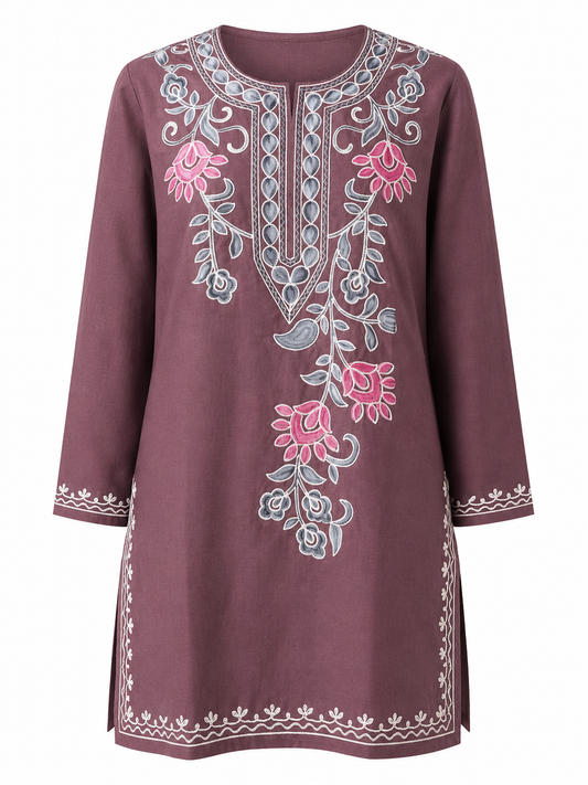 Noor : Aari embroidery summer kurti | Grayish-Brown